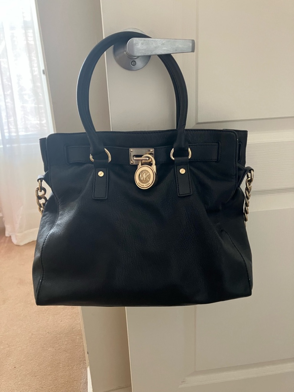 Michael Kors Black Leather Hamilton Satchel with Gold Accent Lock.